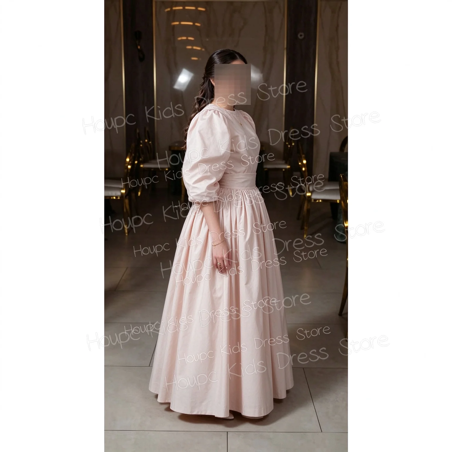 Custom Blush Pink Satin Flower Girl Dress for First Communion Puff Sleeve Sash Waist A-Line Gown Customizable Kids Wedding Par