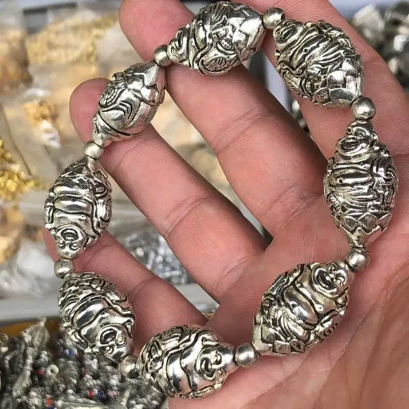 Antique Miscellaneous Miao Mala Buddha Bracelet, Vintage Ethnic Style Silver-Plated Brace
