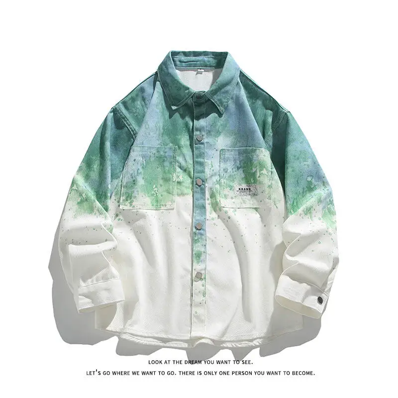 

Korean Gradient Colour Long-sleeved Shirt Men's Summer Trend of New Casual Shirt Graffiti Street Denim Jacket
