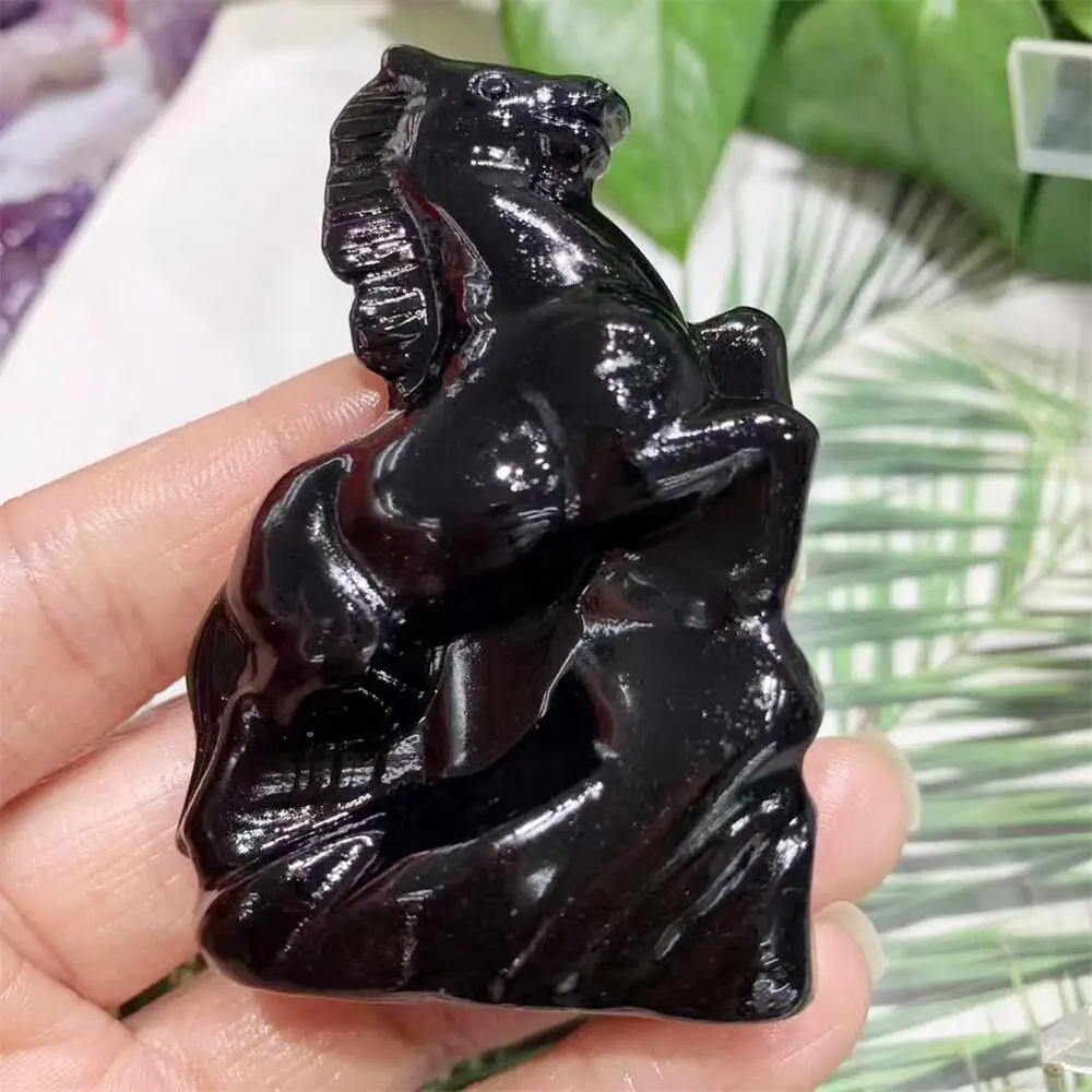 

Natural Black Obsidian Horse Carving Statue Carved Crafts Animal Polished Healing Figurine Home Ornament DIY Gift