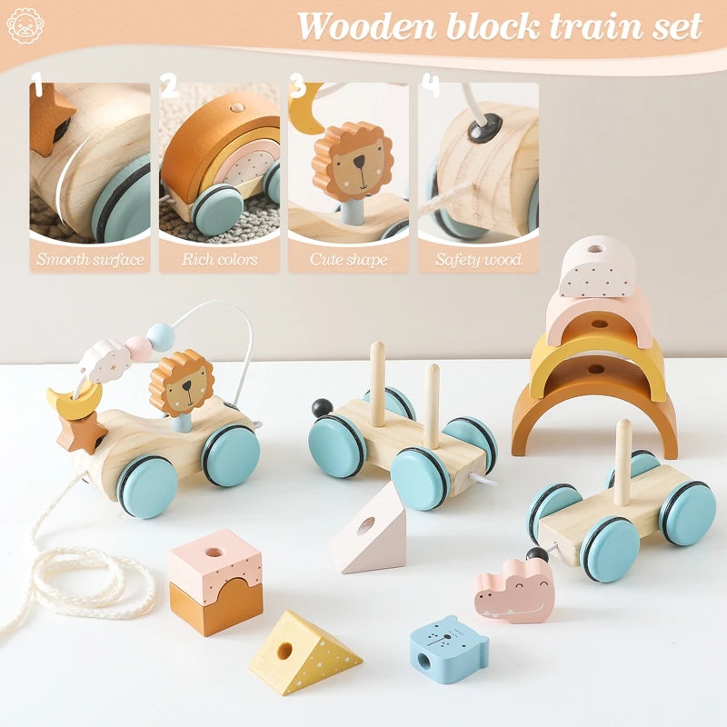 Baby Wooden Trailer Car Toys Rainbow Stacking Balance Blocks Animal Traction Car Star Moon Slider Beads For Kids Montessori Toys