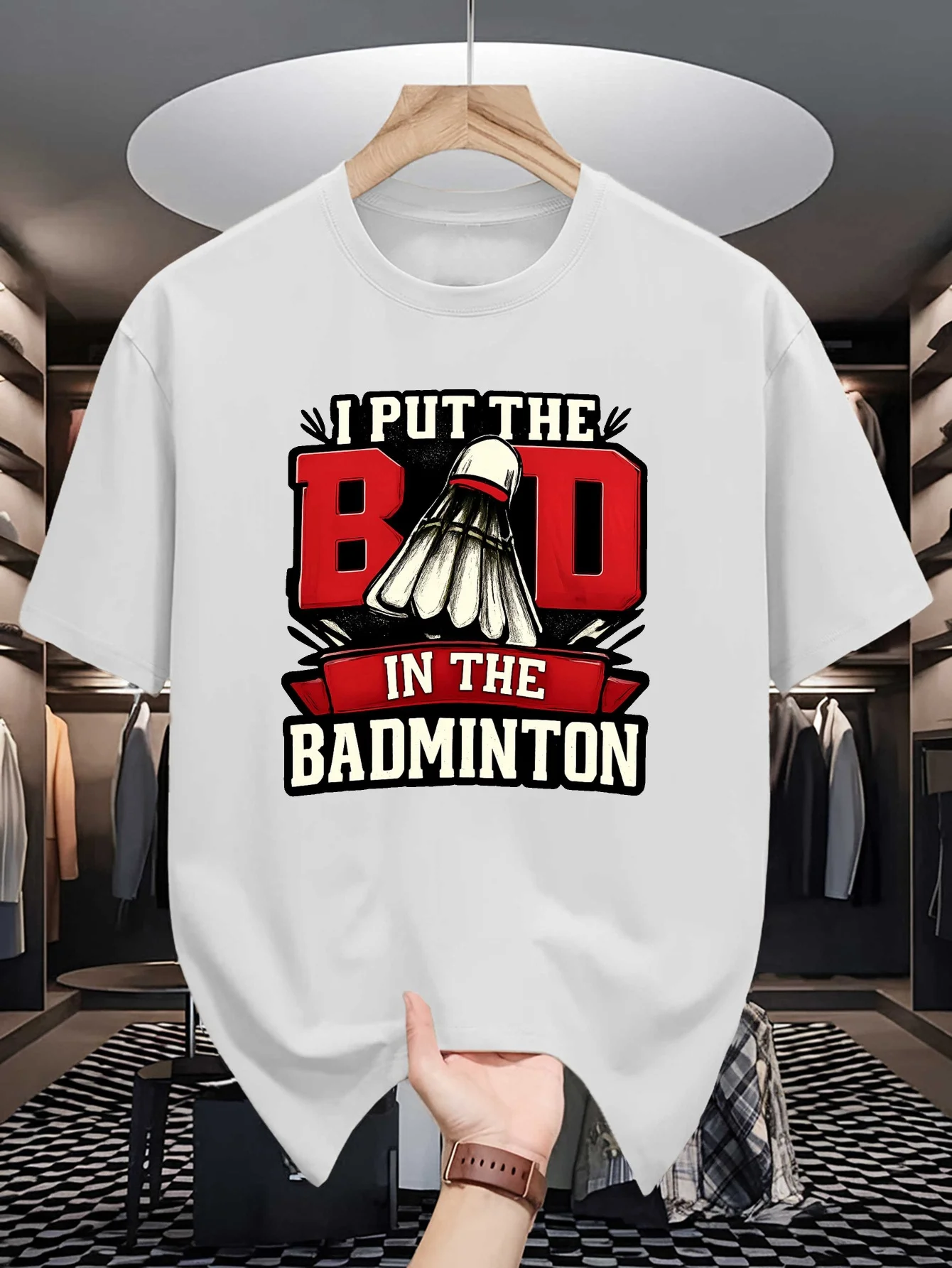 Mens I Put The Bad In Badminton Retro Graphic Tee Shuttlecock Print O Neck Short Sleeve Cotton Tops For Badminton Fan Men