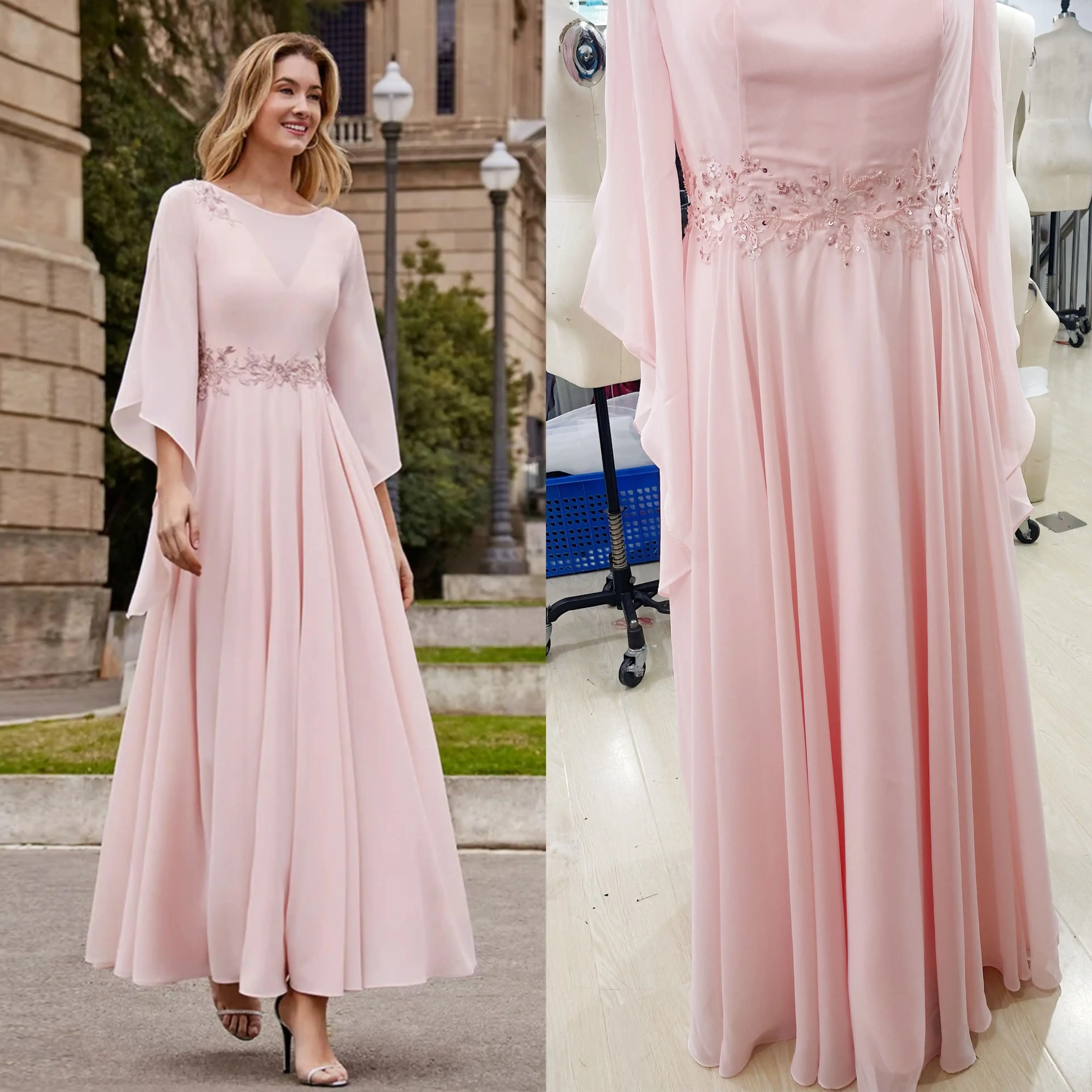 A linha de chiffon mãe do vestido da noiva, vestido de casamento formal, beading lantejoulas, 3/4 comprimento manga, comprimento do tornozelo, 2024