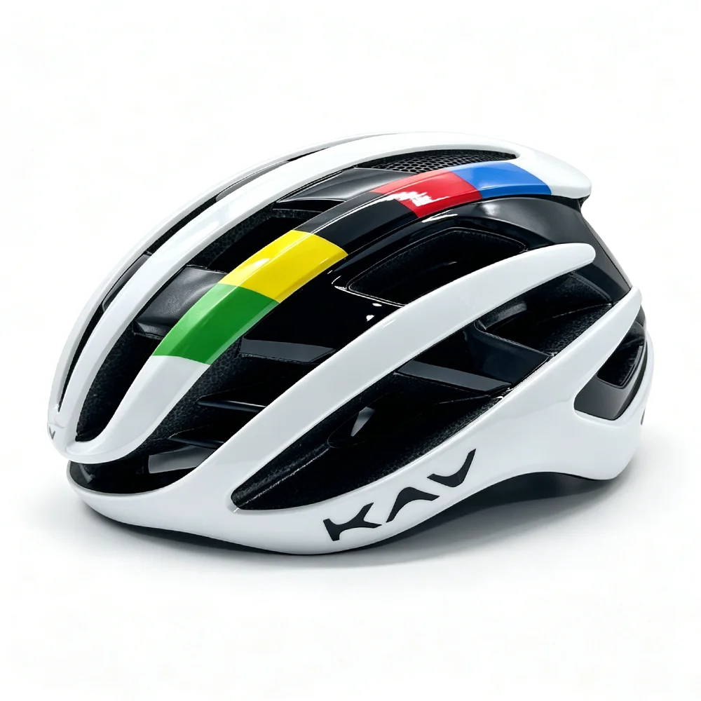 AliExpress Gloss White World Champion Rainbow Stripes KAV Aerodynamic Road Bike Helmet Ultralight Multi Ventilated Cycling Helmet CE Certif