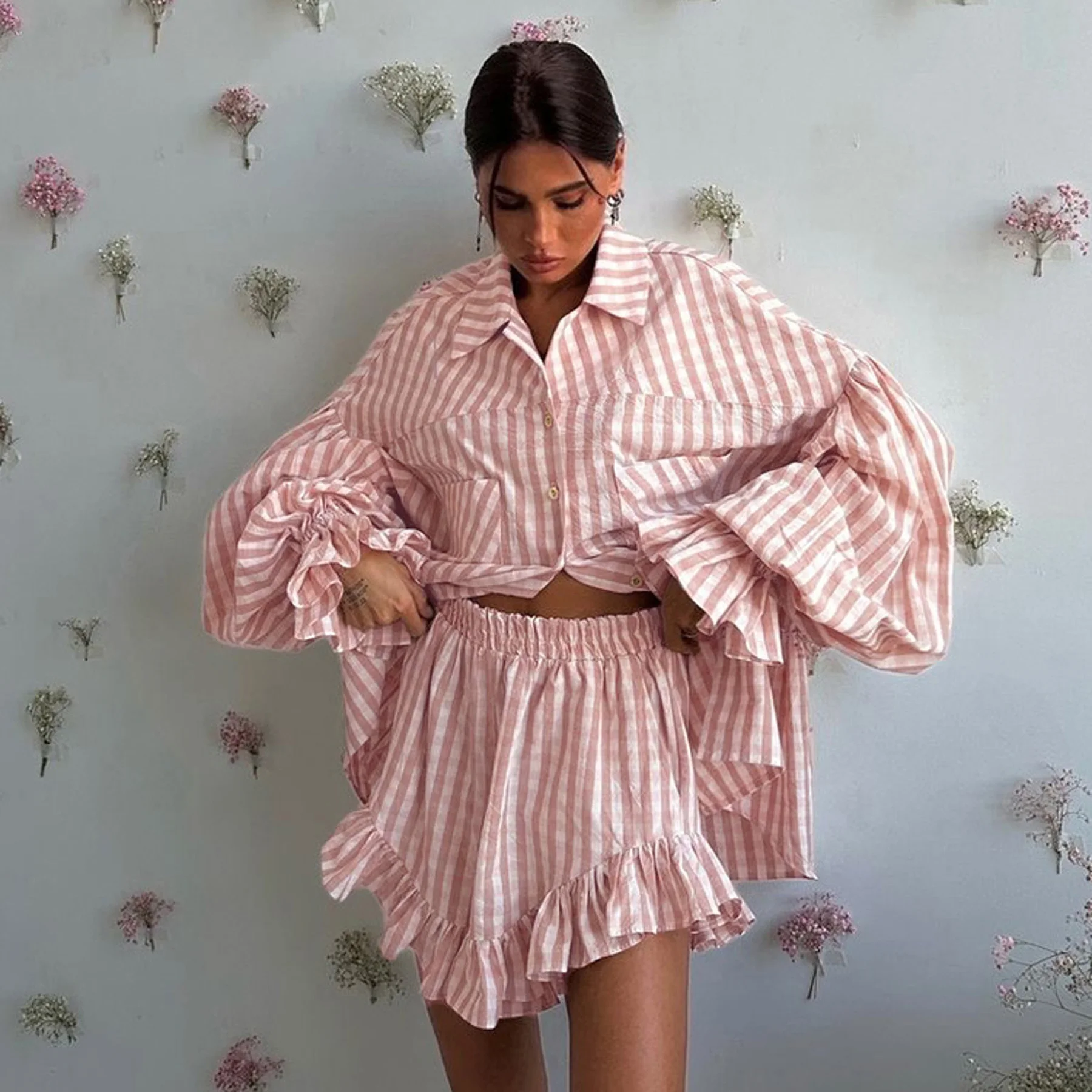 

Striped Two Piece Set Women Long Sleeve Shirt with High Waist Ruffle Shorts Loose Elegant Outfit Casual Female Summer Set
