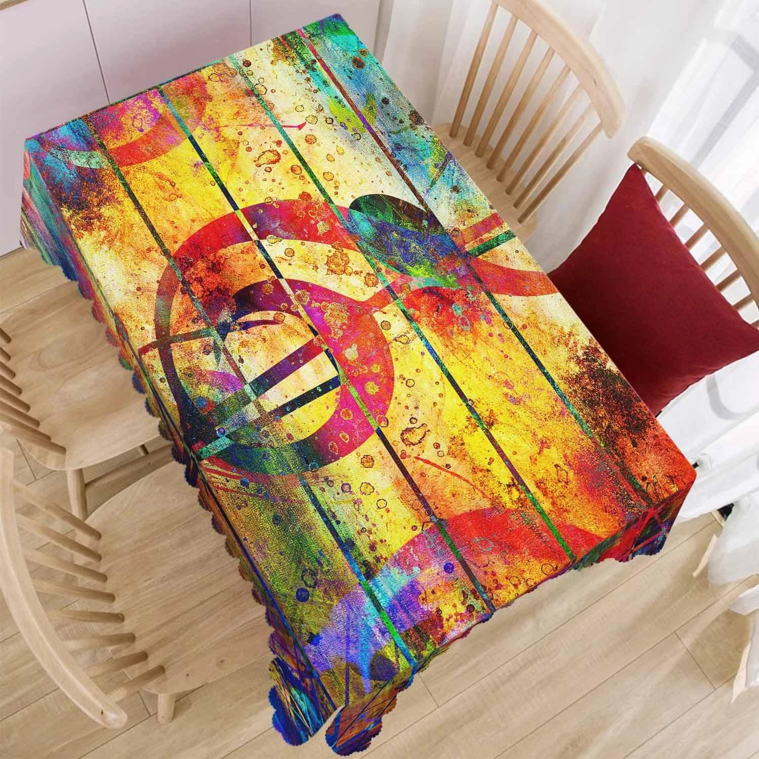 Music Notes Rectangle Tablecloth Holiday Party Table Decor Colorful Music Clef Wood Grain Kitchen Dining Tablecloth Home Decor