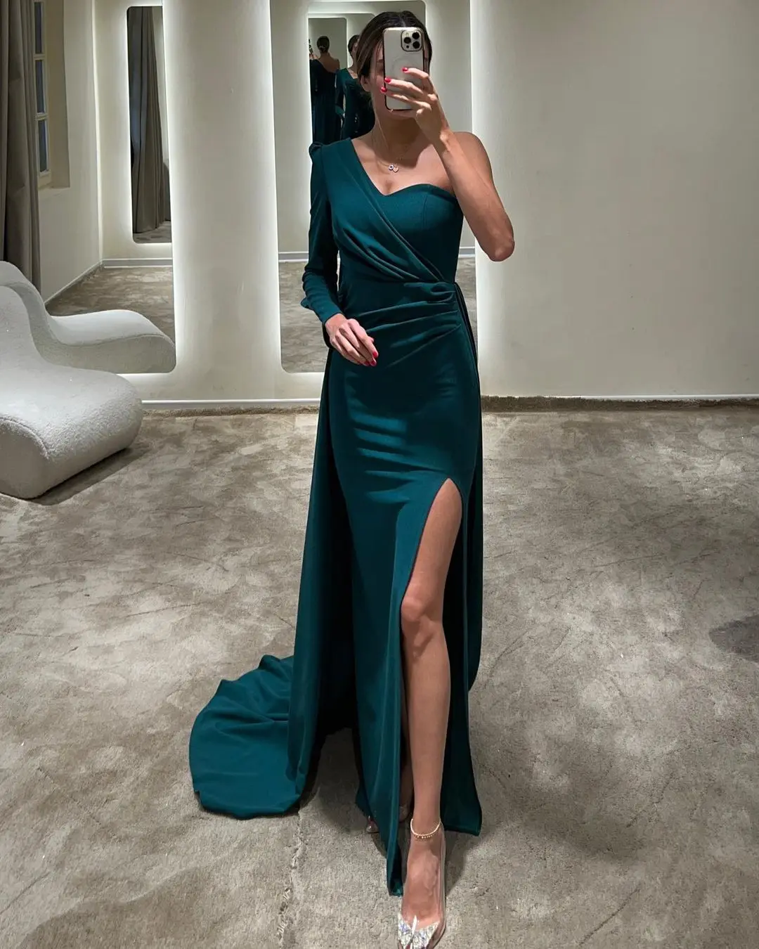 

Green Evening Dress One Shoulder Floor Length Red Prom Dresses Ruffle Long Sleeves Vent Formal Dress Ball Gown Custom Made