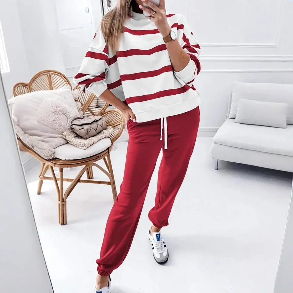 2026 Winter New Style Leisure Striped Long Sleeve Sweatshirt and Cuffed Trousers Sports Suit Set Women Multiple Colors Optional