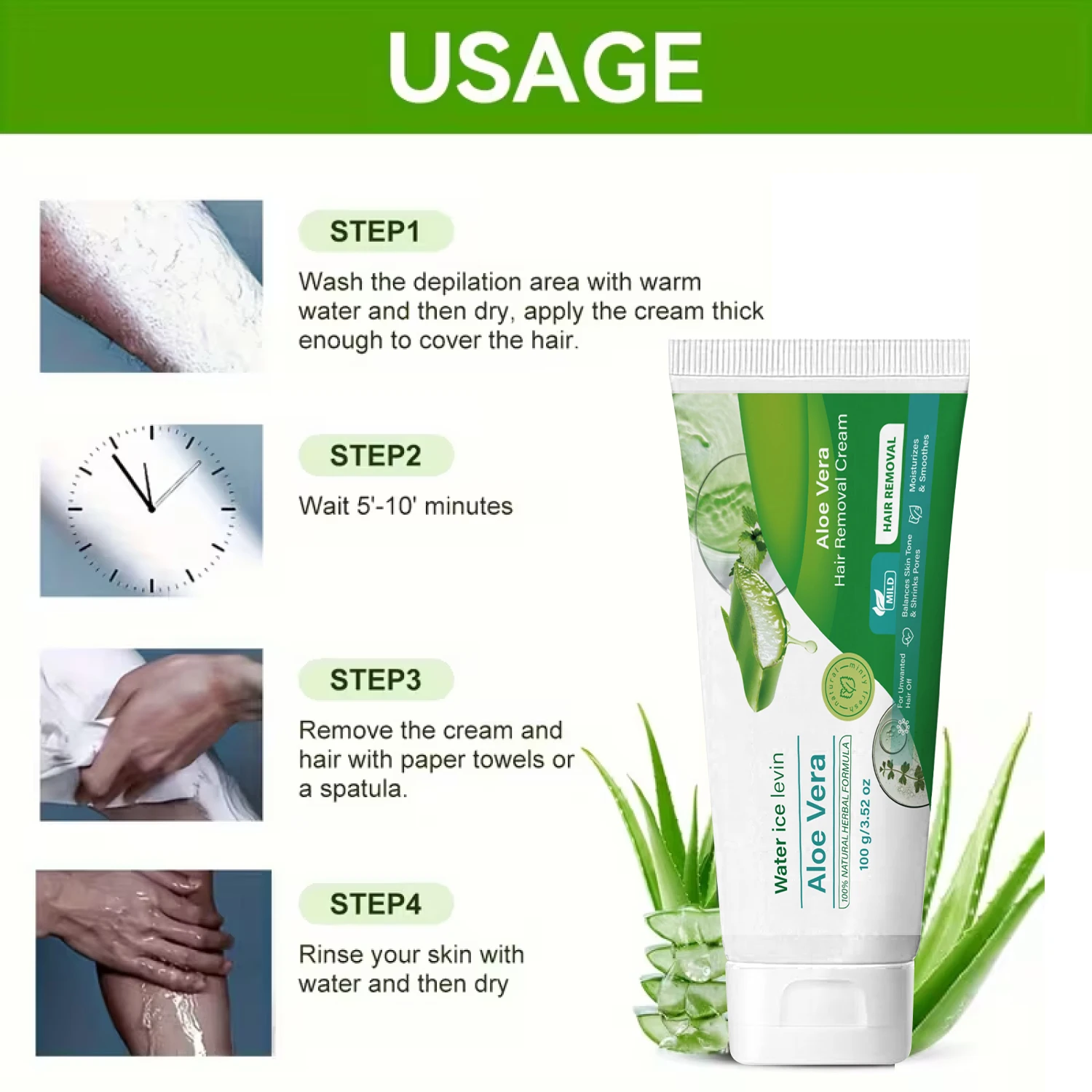 Aloe Vera Hair Removal Cream for Unwanted Hair, Mild & Natural Gentle Remover with Herbal Formula view 2