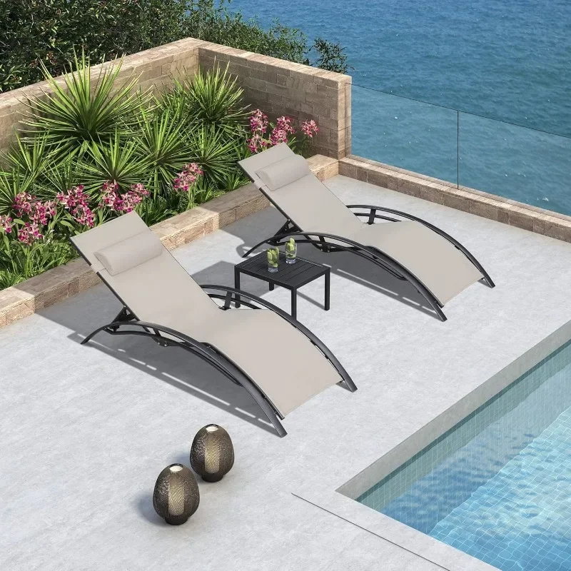 Lounger Recliner Chiar Outside Tanning, Beige Patio Chaise Lounge Set of 3 Outdoor Lounge Chair Beach Pool Sunbathing Lawn