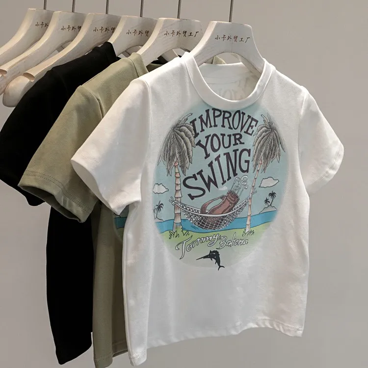 

Slim Fit Short Sleeve T-Shirt Women's round Neck Graffiti Print Summer Fashion Korean Style Casual Comfortable Polyester Blend