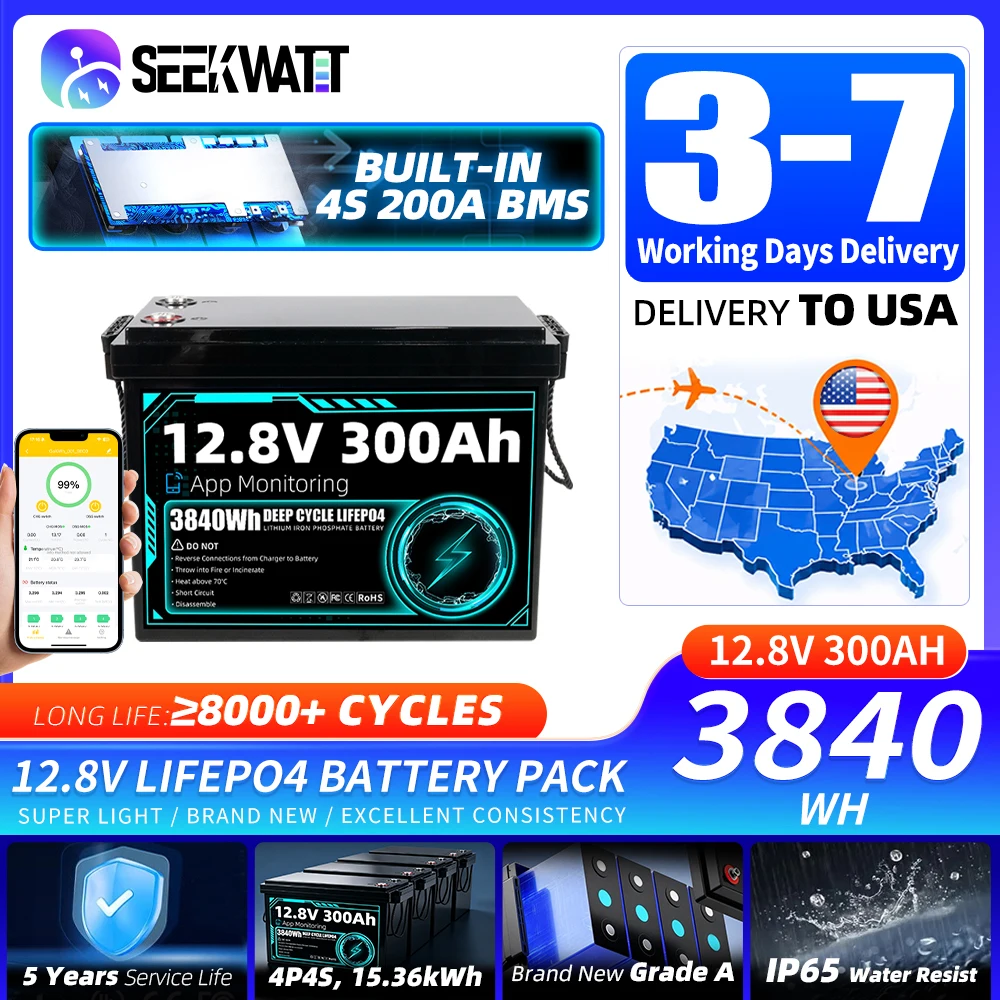 8000+ Cycles 12V 300Ah Grade A LiFePO4 Battery Builtin BT BMS 12.8V Rechargeable DIY 24V 48V For Solar RV EV Golf Cart US Stock