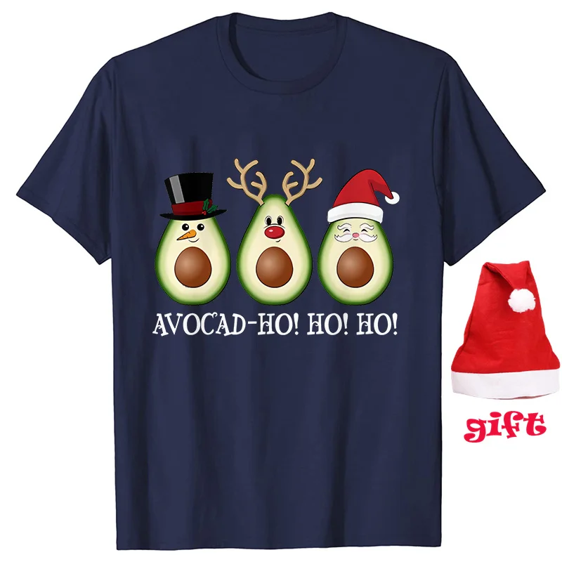 Merry Christmas Women 0 Neck T-shirt Cute Avocado Print Tee Shirt Women Y2k Tops Party Aesthetic Streetwear with Christmas Hats