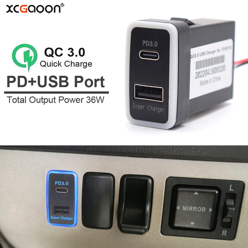 

PD USB QC3.0 быстрое зарядное устройство с интерфейсом USB Type-C, автомобильное зарядное устройство, адаптер для телефона для TOYOTA