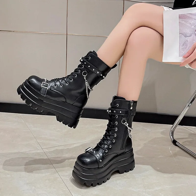 

2025 Platform Thick Gothic Boots Lady Buckle Autumn Shoe Women Wedges Knee High Boots Punk Street Cosplay Botas Motorcycle Chain