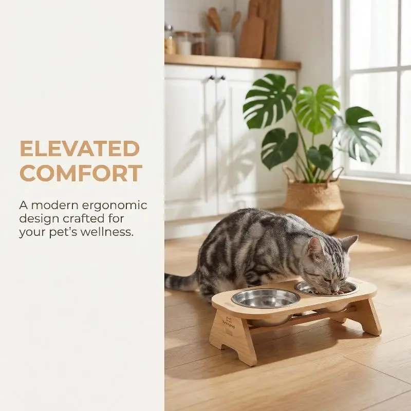 Tilted Cat Food Bowls On Wooden Stand Raised Elevated Design Easy Eating Pet Feeder For Daily Home Use