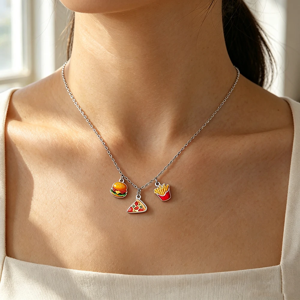 Hamburger Pizza French Fries Pendant Necklace for Women Stainless Steel Cute Fast Food Charm Necklace Cartoon Food Jewelry Gifts