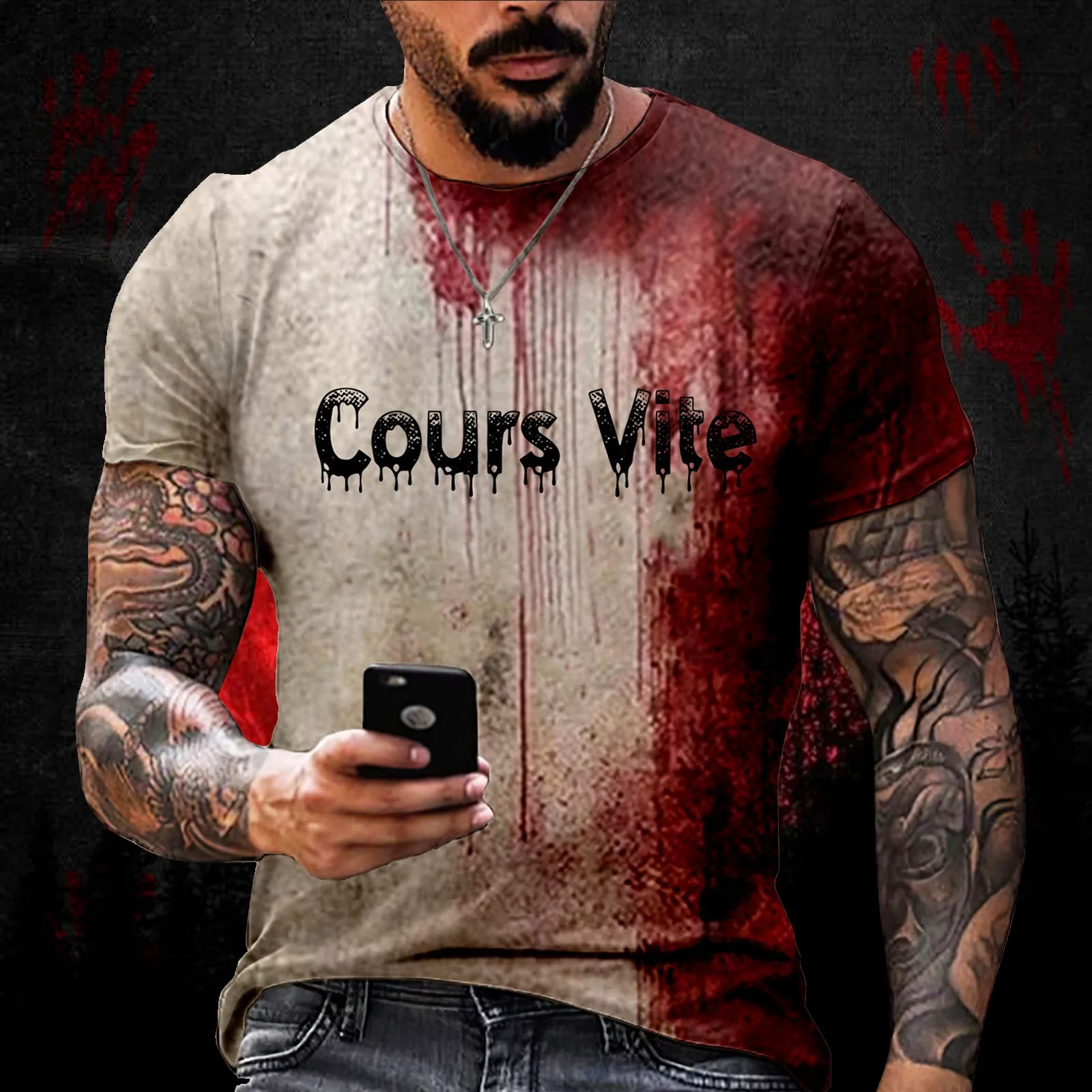 Probleme Resolu Bloody Fonts T-Shirt Male 2024 Halloween Print Tops Short Sleeve Round Neck Distressed T Shirt Holiday Party Top