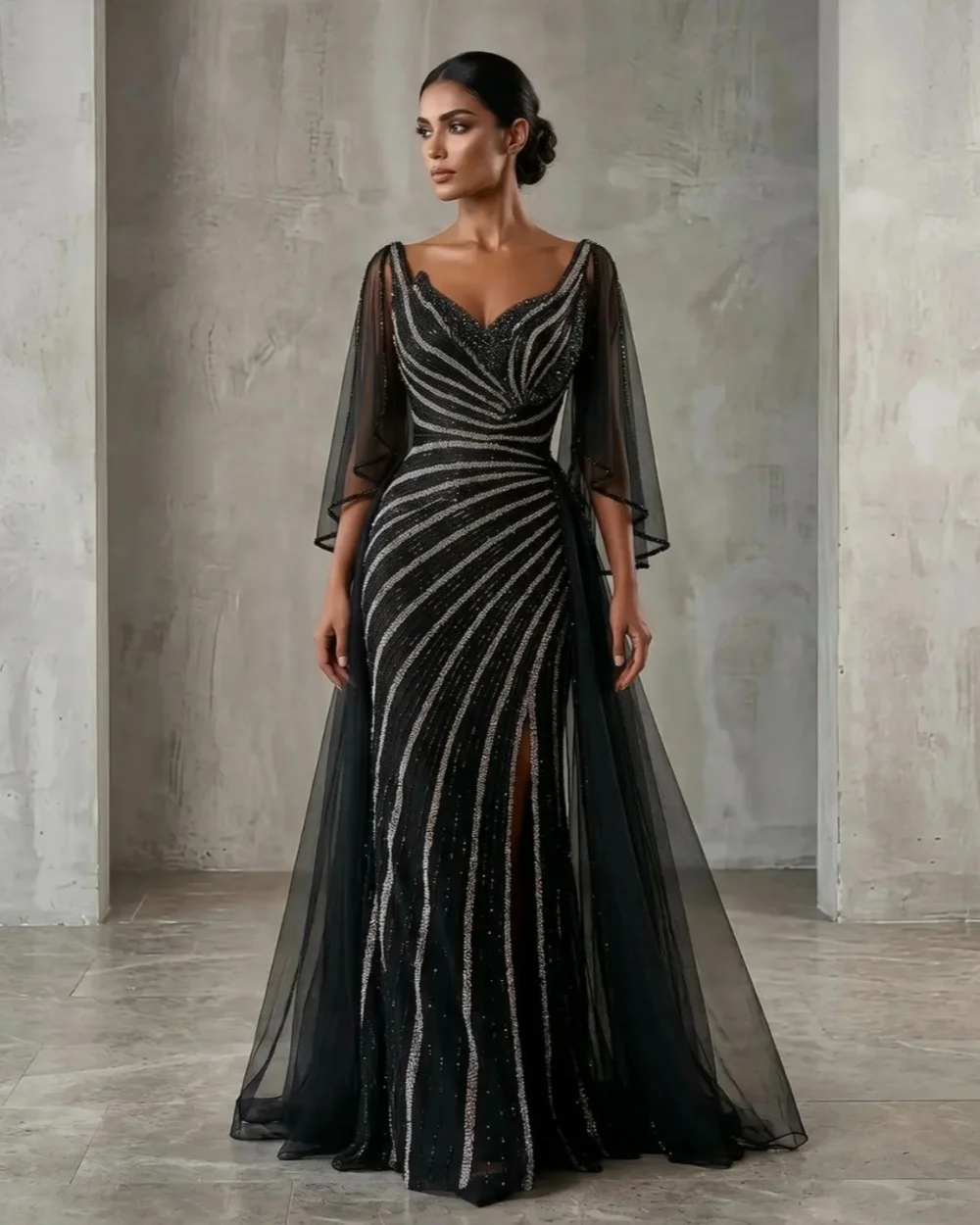 

Customized Modern Style Women Tulle Rhinestone Beading A-Line Evening Dresses Formal V-neck Long Sleeves Floor Lenght Party Gown