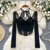 Hotsweet Hollow Out Halter Fashion See Through Mesh Spliced Lace Casual Long Sleeves Slim Top High Street Spring Women T-Shirts