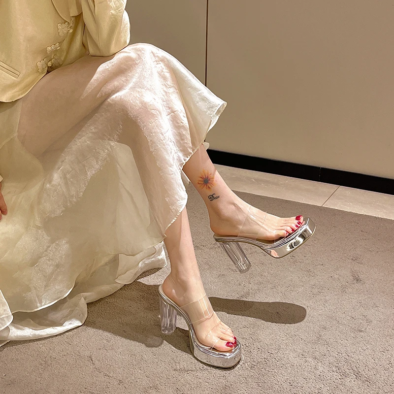 

Women's High Heels Sandals Summer New Transparent Crystal Thick Heel Outdoor Casual Banquet Fashion Slippers Zapatillas Mujer