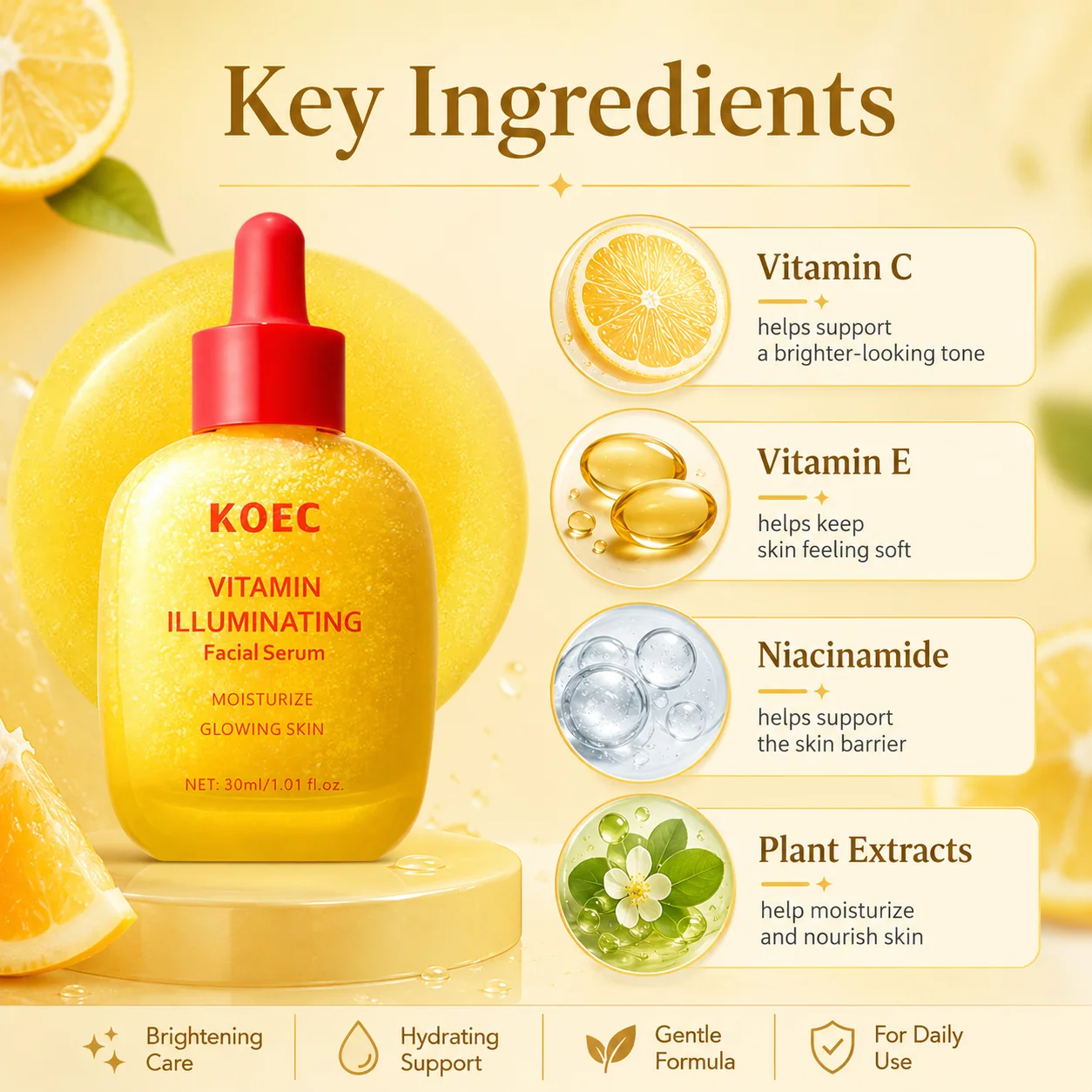 KOEC Vitamin Illuminating Serum | Niacinamide + Hyaluronic Acid & Vitamin E | Vitamin C Serum for Face, Dark Spot & Uneven Tone Care, Anti-Aging Hydrating Serum, 30ml/1.01fl.oz