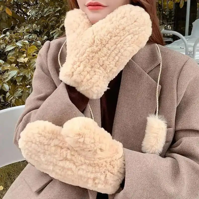 Real Rex Rabbit Fur Gloves Winter Plush Thickened Warm Windproof Fur Gloves Thick Fur Mittens For Girls Elastic Soft With String