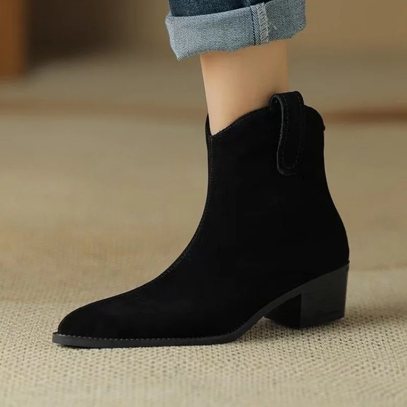 Winter Classic Chelsea Boots for Woman Cow Suede Pointy Toe Wedge Heel Ankle Boots Simple Comfortable Cowboy Boots Female