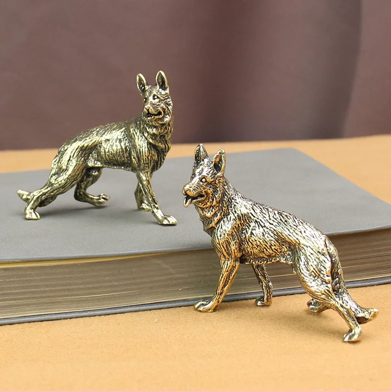 Vintage German Shepherds Dog Statue Ornament Pure Brass Animal Miniature Figurine Living Room Desk Decoration Accessories