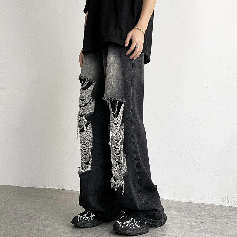 Holes Jean Men Full Length Wide Leg Jeans Ripped Denim Washed Pants High Waist Distressed Casual Pockets Zipper Fly Autumn