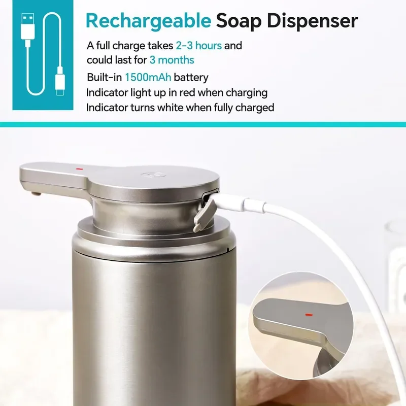 304 Stainless Steel Automatic Soap Dispenser Rechargeable Touchless Foam Hand Washer Smart Sensor for Bathroom Kitchen Home
