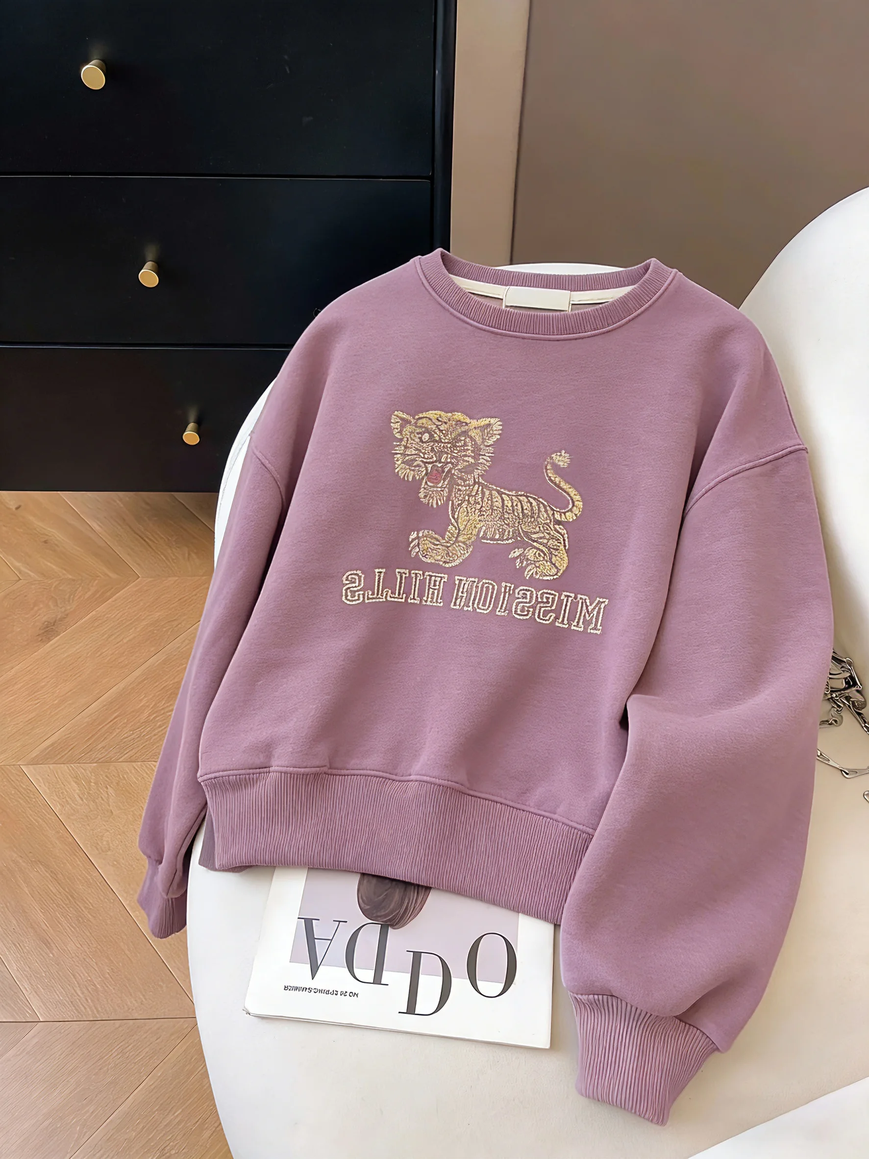

Chic Long Sve round Ne Sweatirt Women's Purple Print Casual Versatile Spring Autumn Korean Design Comfortable Trendy Top