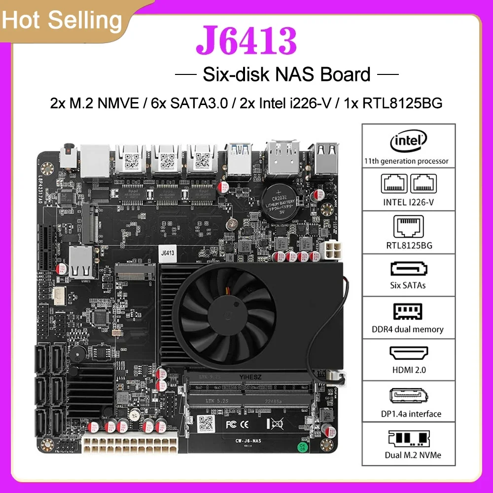 J6413 NAS Motherboard 2*Intel i226-V 1*RTL8125BG 2.5G LAN 2*NVMe 6*SATA 3.0 2*DDR4 1*PCIE Mini ITX NAS Board Soft Router Boards