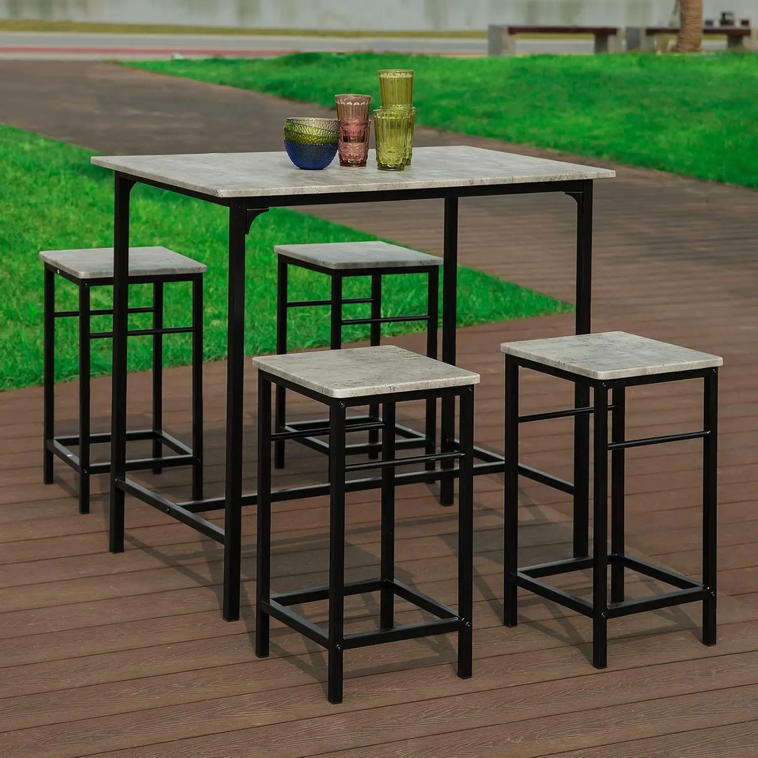 5 Pieces Dining Set for 4, Dining Table with 4 Stools, Home Kitchen Breakfast Table, Bar Table Set, Bar Table with 4 Bar Stools,