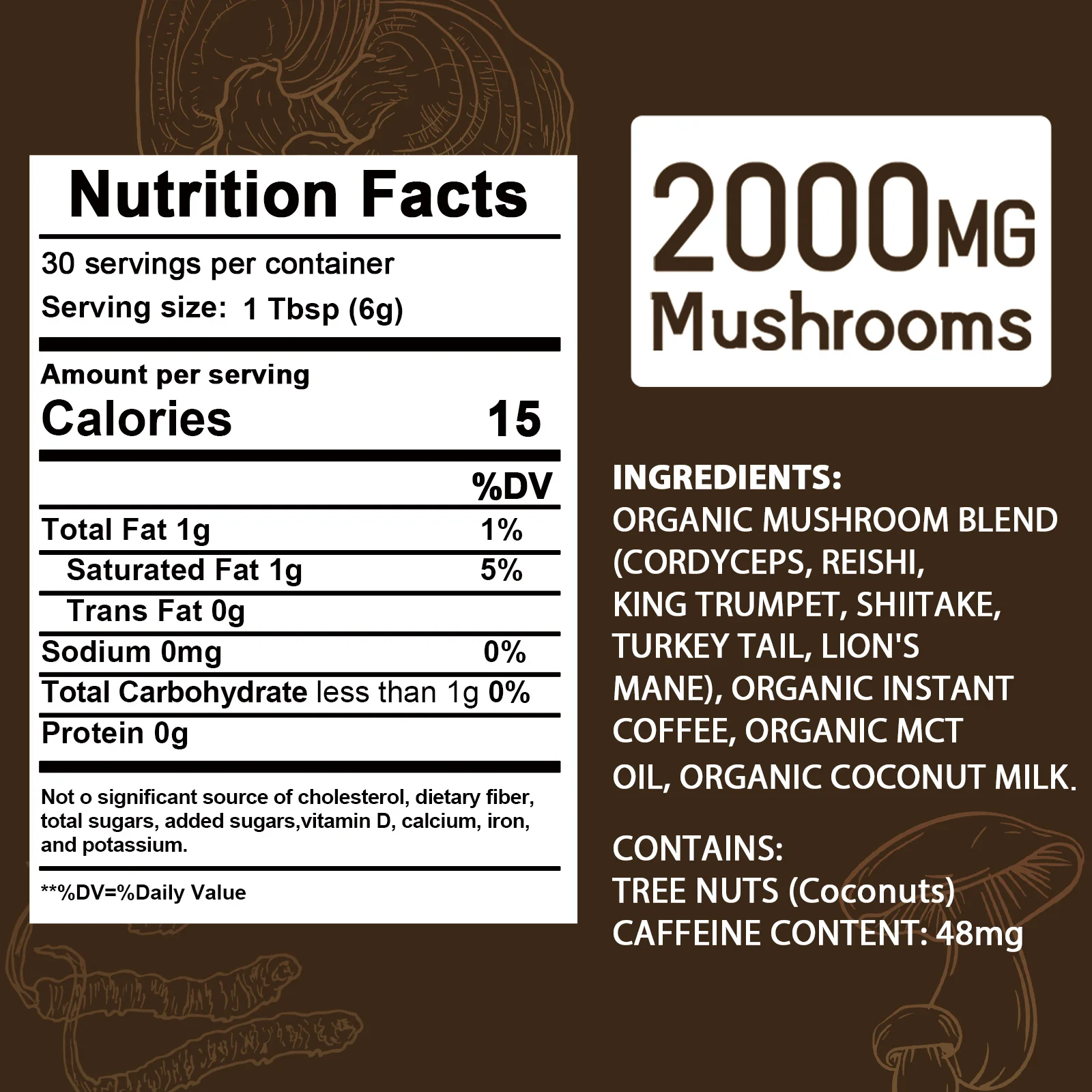 Organic Mushroom Coffee - LION\'S MANE, Shiitake, Cordyceps, Supports Immune, Focus, Concentration, Stress, Digestion & Energy