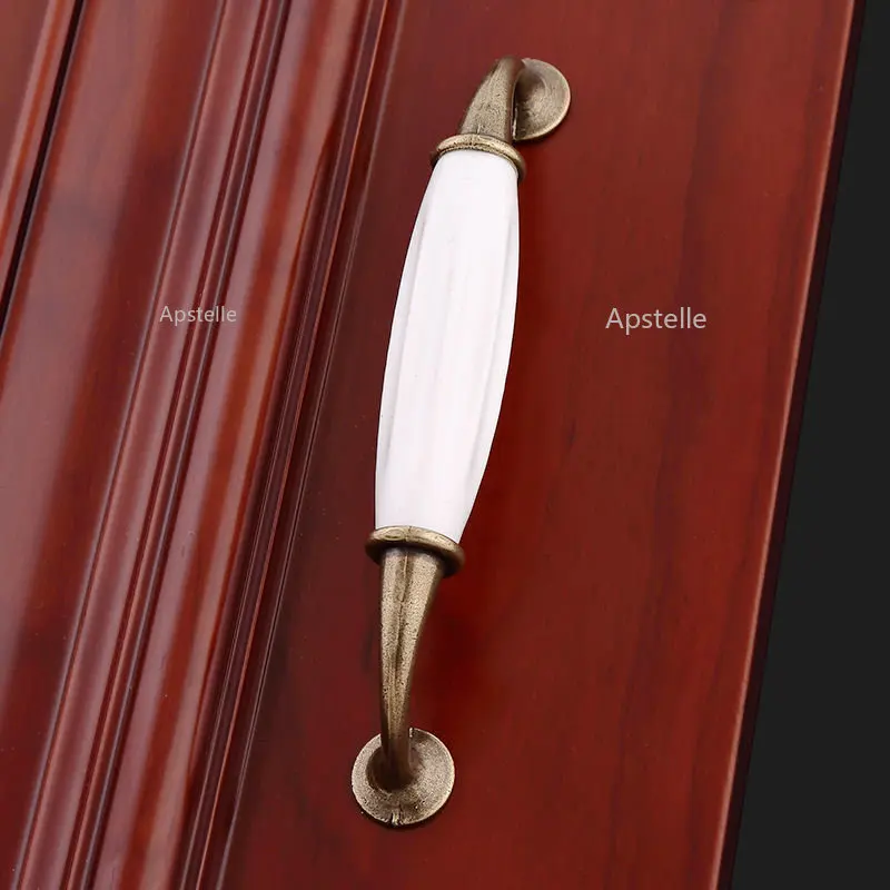 Simple European Furniture Hardware Antique Bronze White Ceramic Cabinet Handles Zinc Alloy Drawer Knobs Wardrobe Door Handle