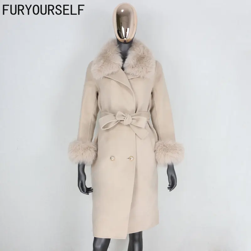 

FURYOURSELF 2023 New Cashmere Wool Blends Real Fur Coat Double Breasted Winter Jacket Women Natural Fox Fur Collar and Cuffs