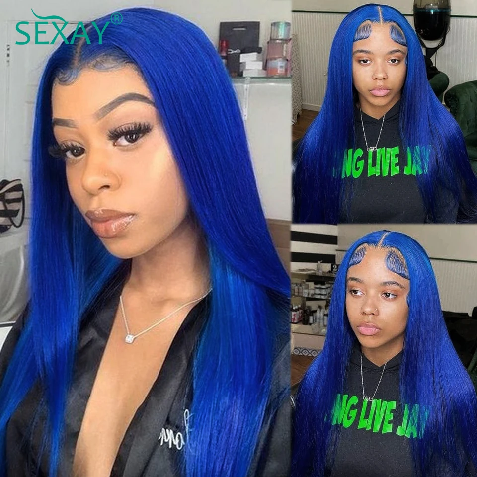 16-32 Inch Blue Color Lace Front Wig Straight Human Hair 13x4 HD Transparent Lace Frontal Human Hair Wigs Pre Plucked For Women