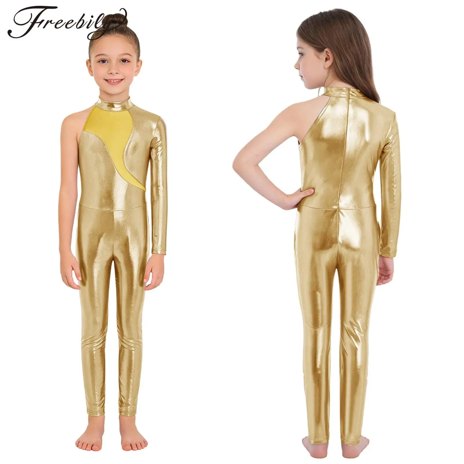 

Костюм для гимнастики, балета, танцев, фигурного катания, акробатики, йоги для девочек 6-16 лет, с одним рукавом, металлический, блестящий, на молнии, сетчатый комбинезон, танцевальная одежда