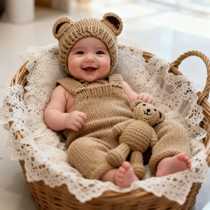 3pcs Baby Cute Bear Sets Newborn Photography Props Hand-knitted Hat, Bear Doll and Overalls Sets Studio Photos Accessories