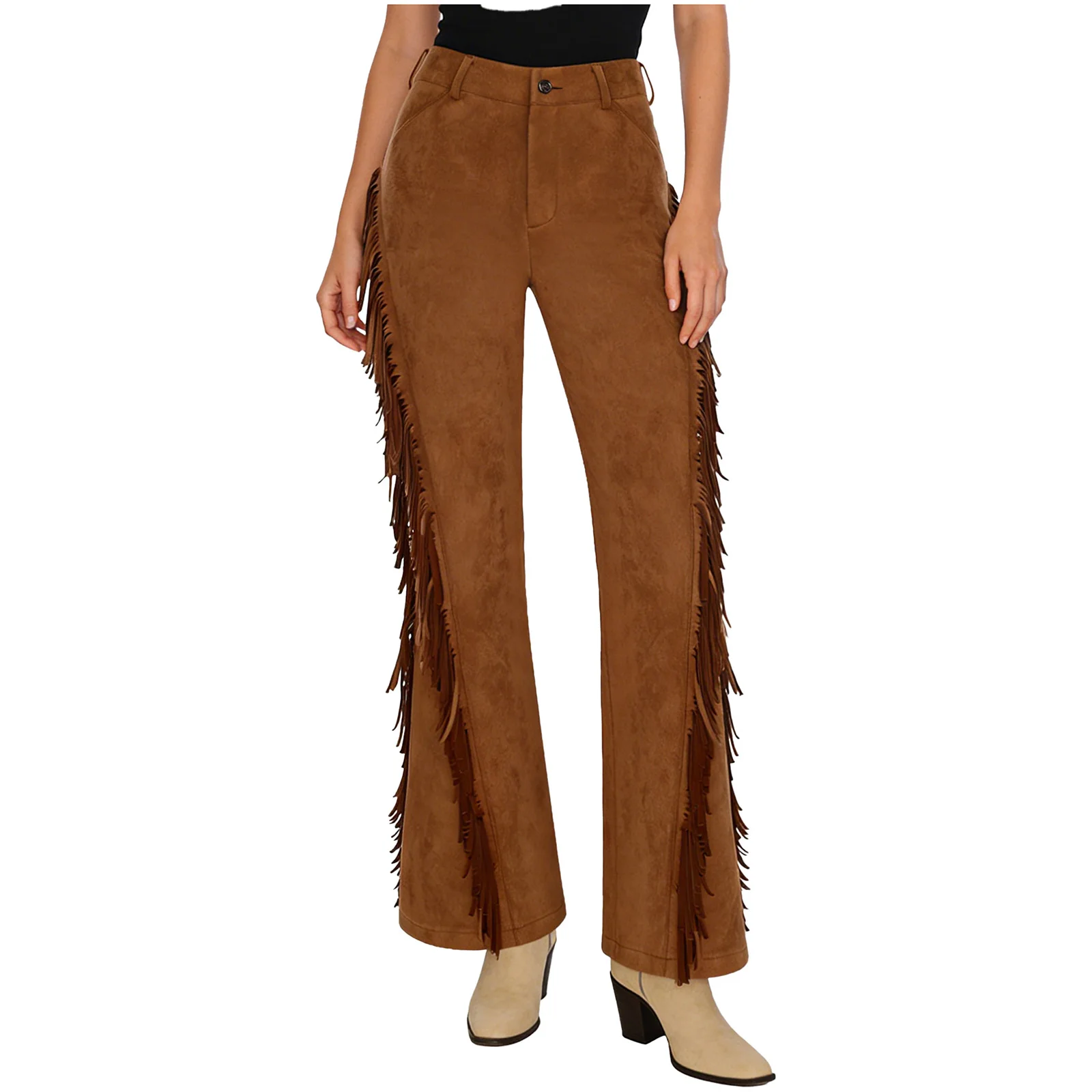 

Women Cowgirl Hippies Fringed Wide Leg Pants Side Tassels Faux Suede Flared Pants Vintage Western Trousers for Club Raves Party
