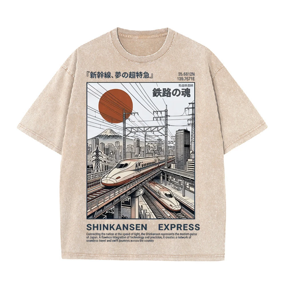 2026 Vintage Washed Beige Japanese High Speed Train City Landscape Graphic T Shirt Retro Ukiyo Architecture Print Oversized Casu