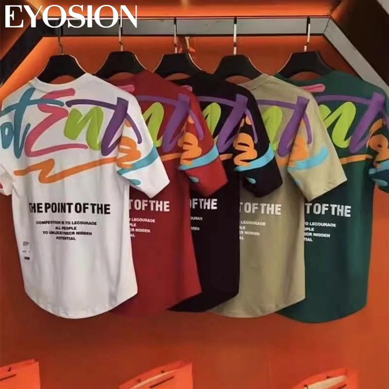 

2024 Men's T-shirt Summer Loose Round Neck Short sleeved Top Cool Hip Hop Color Printed Irregular Hem Plus Size Tee 4XL