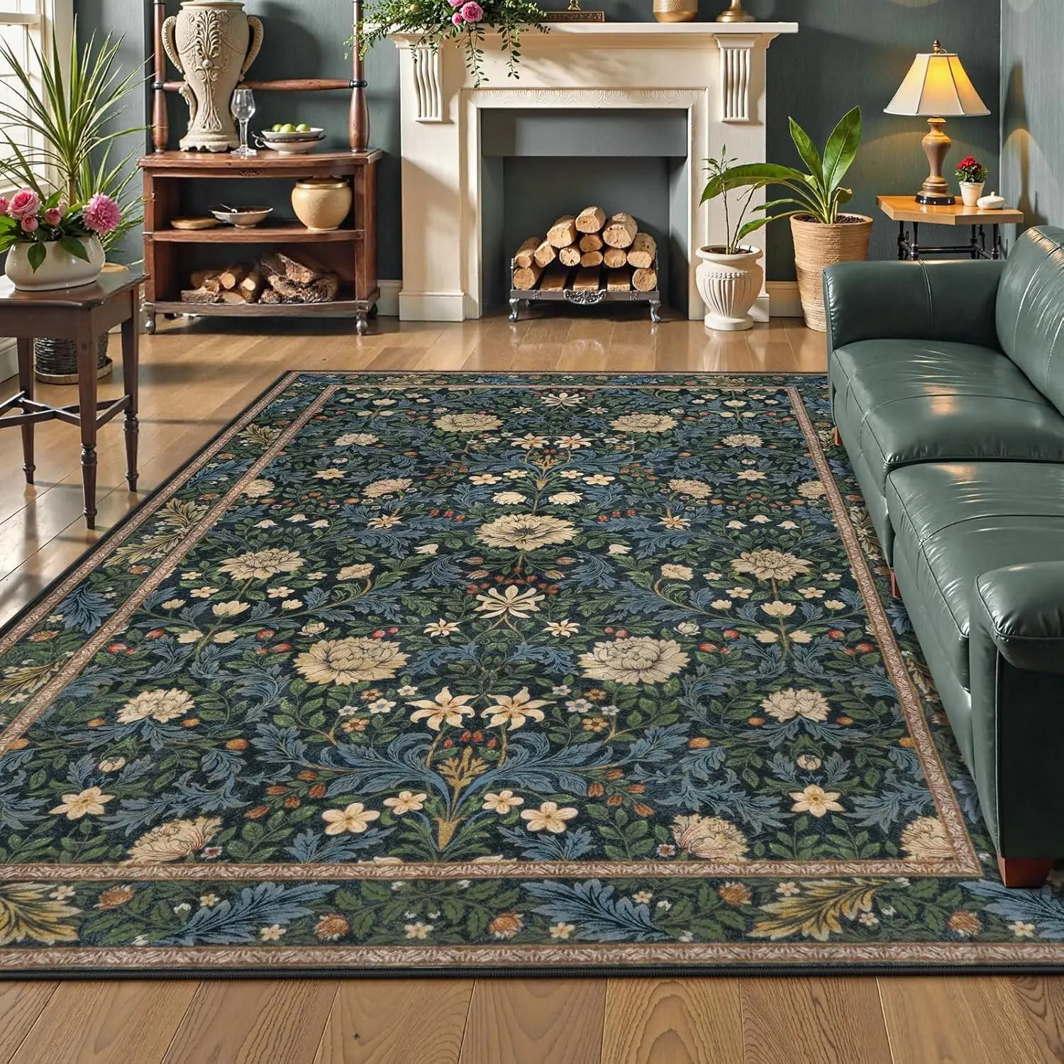 Living Room Boho Area Rug, Soft Floral Rugs for Bedroom, Thin Vintage Rug Botanical Stain Resistant Floor Retro Carpet for