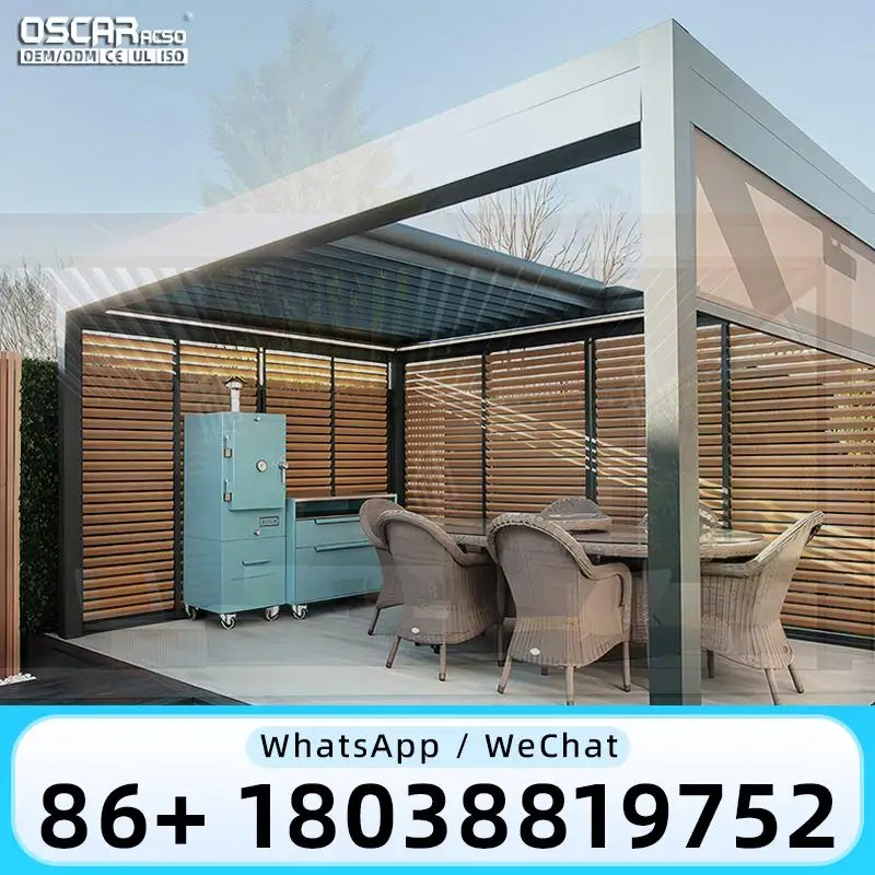 Aanpasbare maat Elektrisch opvouwbaar Luxe buiten Waterdicht Intrekbaar Aluminium lamellendak Pergola voor tuinen Patio's Terug