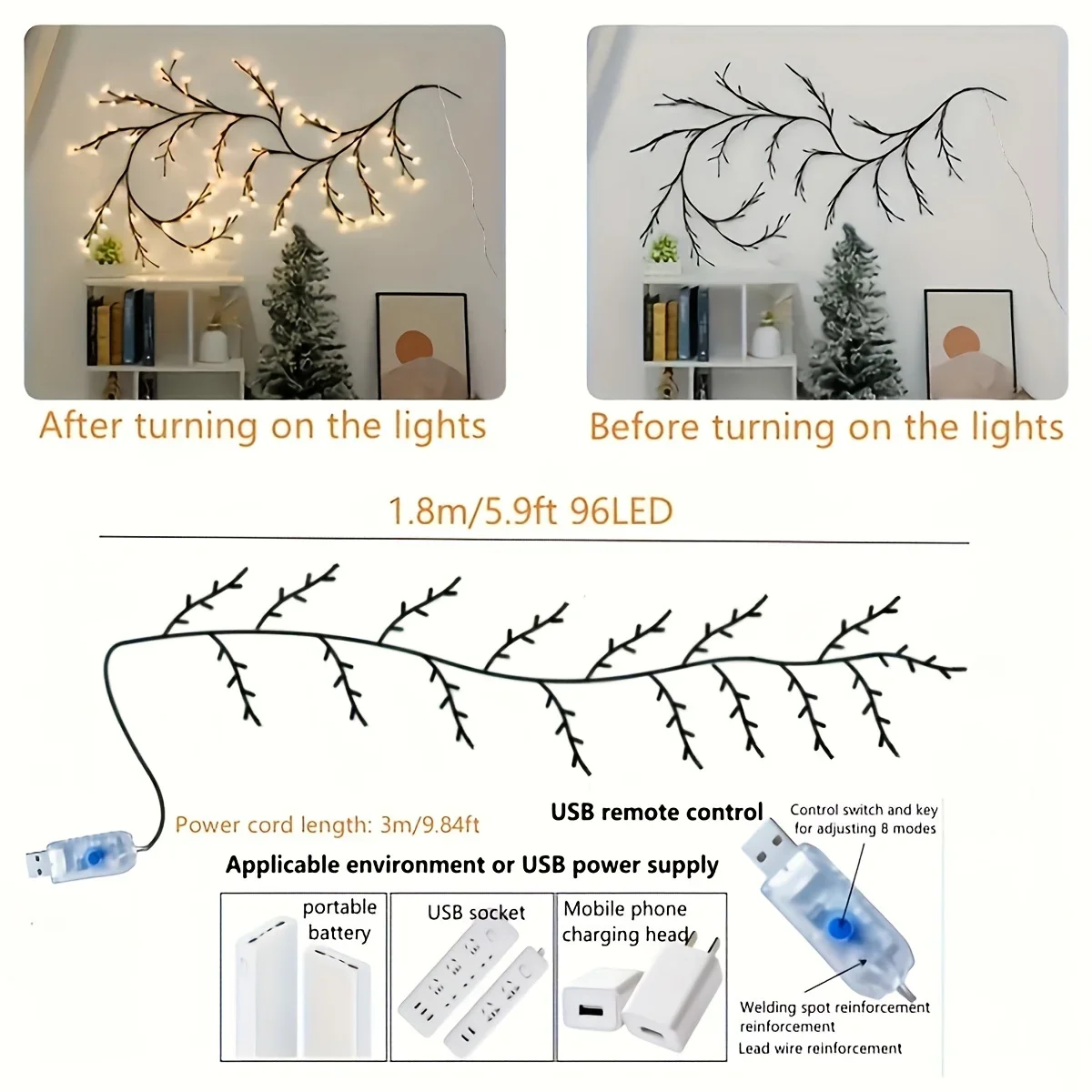 1Pcs 96LED Tree Branch Light For Desktop Wall Party Home Decoration Night Light 8 Modes USB Powered DIY Festive Tree Vine Light