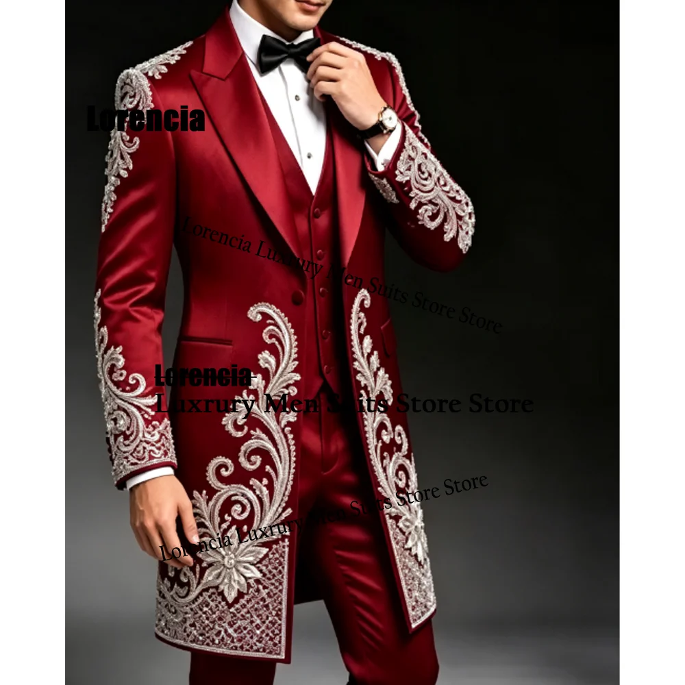 Customized Long Coat Men Suits High End Jewelry Rhinestone 2 Pieces Groom Male Blazers Ropa hombre Glitter Slim Wedding Tuxedos