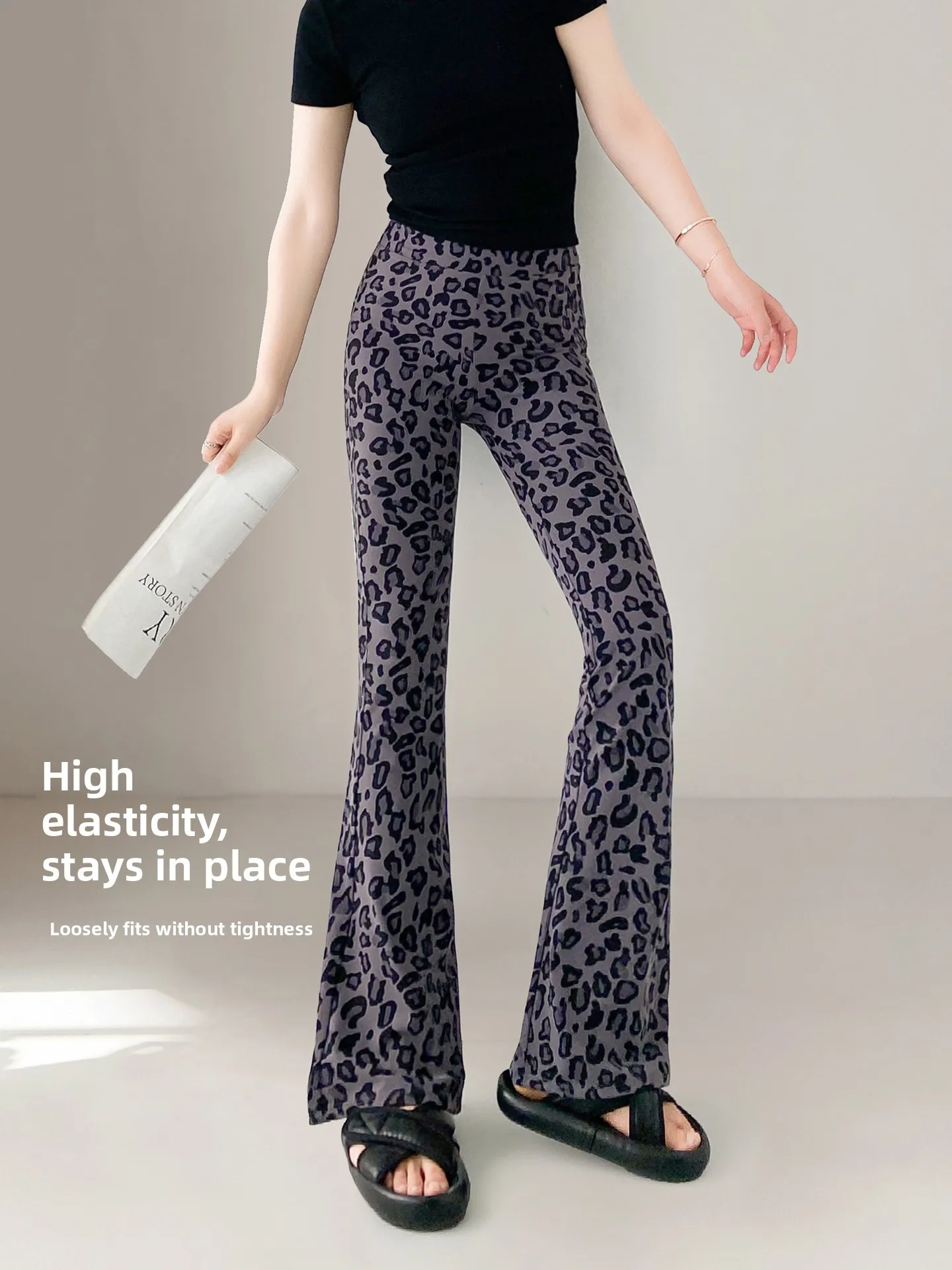 กางเกงโยคะเอวสูงลายเสือดาวสำหรับผู้หญิง ฤดูใบไม้ผลิ ฤดูใบไม้ร่วง ฤดูหนาว สไตล์ลำลอง ทรงกระดิ่ง ลายผิวหนัง