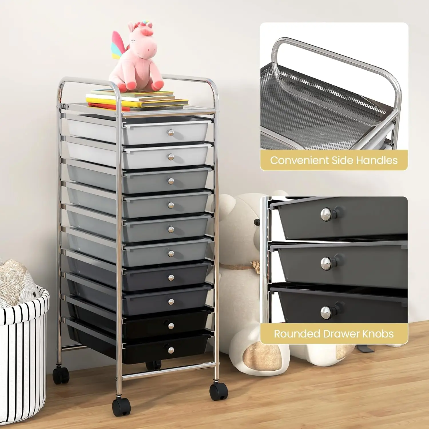 

with Removable Drawers & Universal Casters & 2 Brakes, Versatile Flexible Drawer Organizer Cart for Home, Office, Mixed Black