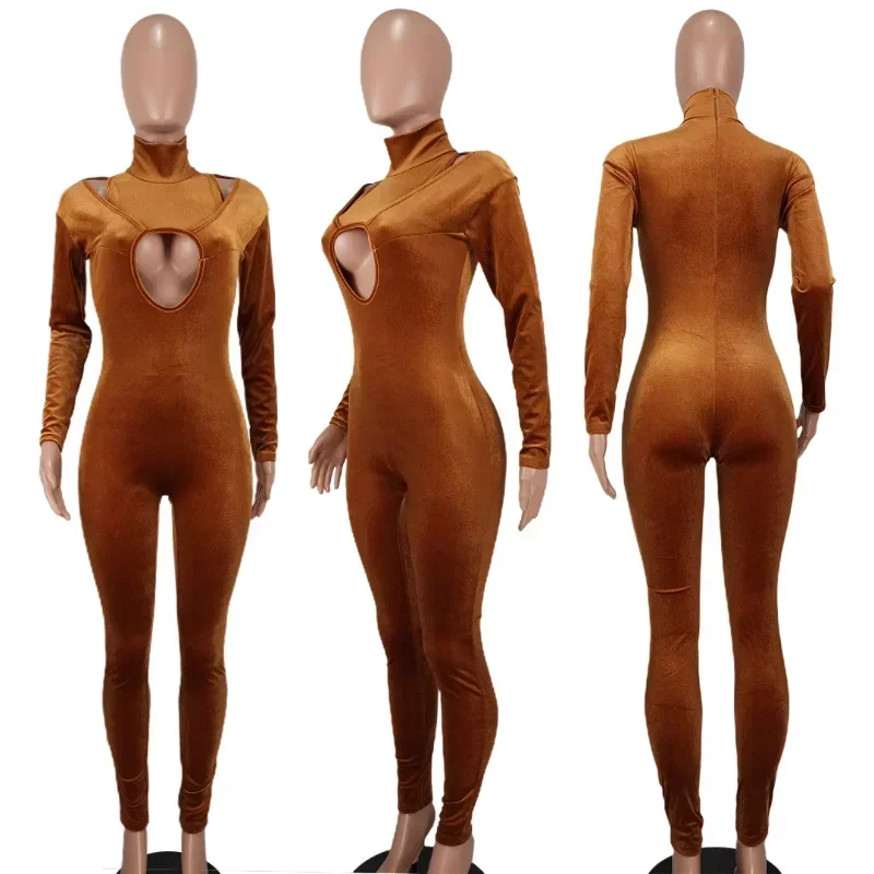 GUWU Sexy Party Samt Overall Frauen Rollkragen Aushöhlen Langarm Bodycon Strampler Clubwear Einteilige Overalls Weibliche